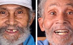 two pictures of an old man with white hair and beards, one is smiling at the camera