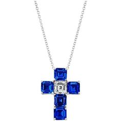 Asscher Cut Sapphires and White Asscher Cut Diamond set in this beautiful and minimalistic Cross. Set with very little metal to allow light to pass from all angles for maximum brilliance. 5 Sapphires weighing 4.03 Carat. 1 Diamond Weighing 0.75 Carat. Set in 18 Karat White Gold. Can be worn in either a 15 inch or 17 inch. Pearl Chain Necklace, Asscher Cut Diamond, Asscher Cut, Diamond Cross, Chain Necklaces, Pearl Chain, Jewellery Design, Gold Chain Necklace, Vintage Necklace