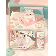 an image of a cat in a box on the computer screen with other items around it