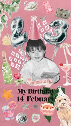 a birthday card with an image of a baby in a party hat surrounded by balloons, confetti and other items