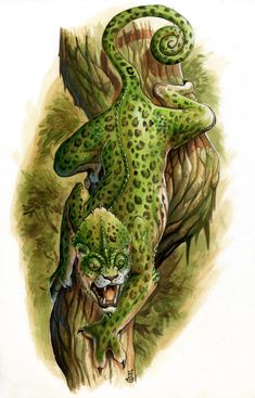 a drawing of a green leopard climbing on a tree