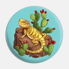 a yellow and brown lizard sitting on top of a rock next to cacti