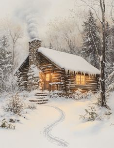 a painting of a log cabin in the woods with snow on the ground and steps leading up to it