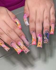 pretty & unique nails. follow for more content. Duck Nails Acrylic Spring, Summer Freestyle Nails, Spring Junk Nails, India Love Nails, Long Duck Nails Acrylic, Freaknik Nails, Exotic Nails Acrylic, Long Duck Nails