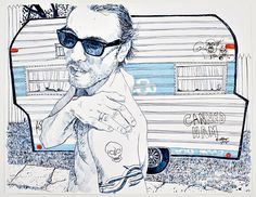 a drawing of a man wearing sunglasses and holding his hand near his face in front of a camper