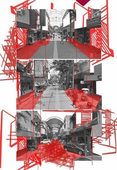 red and black collage with images of people walking down the street in different directions