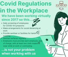 a woman holding a tablet with the words covidd regulations in the workplace