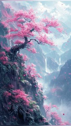 a painting of pink flowers on the side of a mountain with waterfall in the background