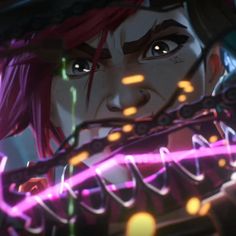 an anime character with pink hair and blue eyes holding a purple light in her hand