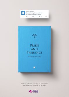 a blue book with the title pride and prudice written on it next to an envelope