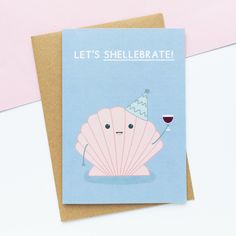 a card with an image of a shell holding a glass of wine