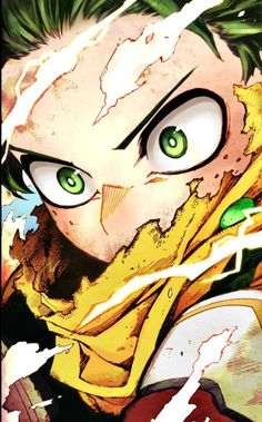 an anime character with green eyes and yellow hair