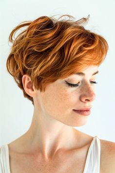 This copper red pixie cut marries ease with elegance, offering a timeless look that’s both chic and effortless. The soft red tones of this short hairstyle enhance the playful yet sophisticated silhouette of the layers of the cut. Click here to see more stunning red hair color ideas. Red Pixie Cut, Short Copper Hair, 90s Pixie, Red Pixie Cuts, Red Hair Color Ideas, Red Pixie, Red Curls, Super Short Hair, Red Hair Color