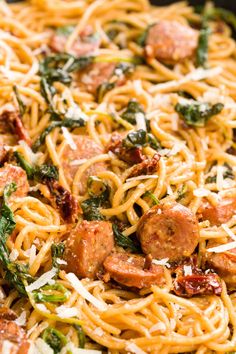 pasta with sausage, spinach and parmesan cheese