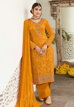 Georgette palazzo suit in Orange colour 161327 Desc: Style : Pakistani Salwar Kameez Color : Orange Fabric : Georgette Work : Embroidery Wash Care : Dry clean Sleeve Style : Full Sleeve Long Sleeves : Done only in Custom Stitch Sleeves Lining : Done only in Custom Stitch Bust Size : 32 to 42 Inches Occasion : Wedding Festival Eid Mehendi Sangeet Reception Ceremonial Lohri Vaisakhi. With Express Free Shipping Buy Indian Party wedding and bridal Anarkalis Georgette palazzo suit in Orange colour 16 Blue Sharara, Beige Bridesmaids, Long Anarkali Gown, Buy Salwar Kameez Online, Celana Fashion, Suit Salwar, Indian Salwar Kameez, Palazzo Suit, Salwar Kameez Online