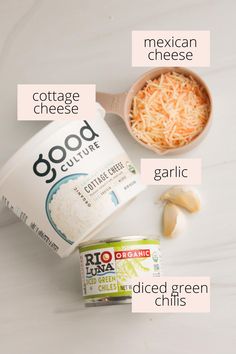 ingredients to make mexican cheese soup on a white counter top with text describing the ingredients