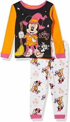 Your Minnie fan will be sure to love this fun Halloween pajama set! Features Minnie in her Witch Halloween costume with adorable Figaro by her side. A roomy rib-knit collar in pretty pink and long orange sleeves. Coordinating print pajama pants with an elasticized waistband for a custom fit. Of a soft and cozy cotton fabric, to be worn snug-fitting. �  Paypal Payments Accepted.   All purchases are mailed out within 2 business days of receipt of payment. Kids Halloween Pajamas, Minnie Mouse Halloween, Disney Toddler, Disney Pajamas, Halloween Pajamas, Witch Halloween Costume, Halloween 2, Print Pajamas, Cotton Pyjamas