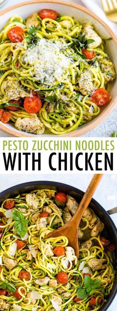 pasta with zucchini noodles and chicken in a skillet