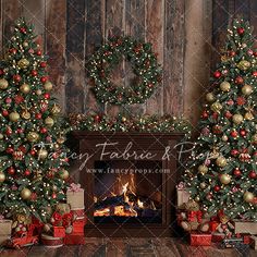 three christmas trees in front of a fireplace