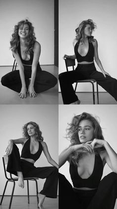 a woman sitting on top of a chair in black and white poses for the camera