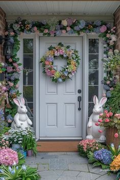 a front door decorated with flowers and bunnies for easter time, surrounded by bunny statues