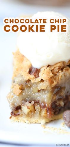 a piece of chocolate chip cookie pie on a plate