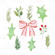 watercolor christmas clipart set with holly, mistle and mistles on white background