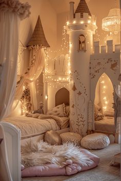 a bedroom decorated in white with fairy lights on the walls and castle bedspread