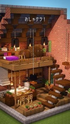 an image of a house in the minecraft style with plants and furniture on the porch