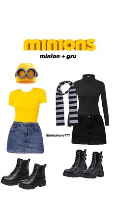 the minion and gru costume is shown in black, yellow, and white