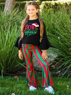 Bell Bottom Christmas Outfit, Striped Bell Bottoms, Xmas Party Outfits, Bestie Outfits, Christmas Dress Baby, Cute Christmas Outfits, Flare Sleeves