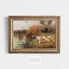 a painting hanging on the wall with a dog and duck in it's mouth