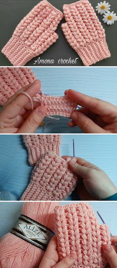 crocheted mitts are being made with yarn, and then knitted together