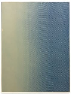 an abstract painting with blue and white colors on the bottom half of it, in front of a gray background