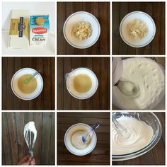 there are many different pictures of food being made on the table together, including cream and butter