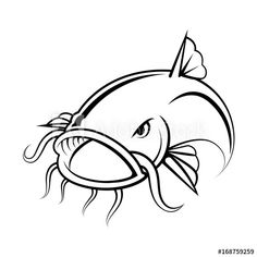 a black and white drawing of a fish with a worm in it's mouth