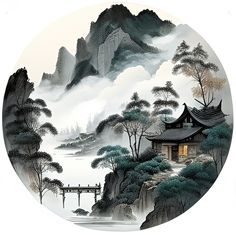 Asian Landscape Tattoo, Chinese Background Landscape, House Landscape Painting, Poetic Paintings, Chinese Wedding Decor, Chinese House, Yin Yang Art, Asian Landscape, Simple Kitchen Design