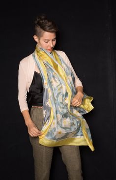 Welcome to klaradar! https://www.etsy.com/uk/shop/klaradar?ref=seller-platform-mcnav Moonflowers Silk Scarf. Hand painted shawl. Yellow grey scarf. Long fashion shawl. Luxurious Scarves. Spring Wedding shawls. Floral scarves. Bridal wrap This luxurious grey and yellow scarf features a floral motif of large white and yellow daisies. The background color is a pastel turquoise grey and compliments the white and yellow daisies wonderfully. ✿ Hand painted silk scarf shawl. Painted silk scarf. Summer Artistic Shawl Scarves As Gifts, Artistic Shawl Scarf For Gift, Artistic Shawl Scarf As A Gift, Gift Shawl Scarf, One Size Shawl Scarves As Gift, One Size Shawl Scarves For Gifts, One Size Shawl Scarf As Gift, Xmas Gifts For Mum, Grey Shawl