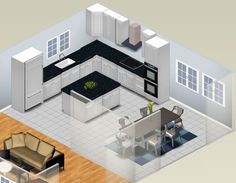 an aerial view of a kitchen and living room