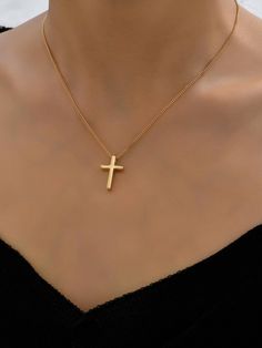 Yellow Gold  Collar  Zinc Alloy   Embellished   Women's Fashion Jewelry Cross Rings For Women Gold, Golden Cross Necklace, Jesus Jewelry, Cross Gold Necklace, Necklaces Cross, Christian Accessories, Golden Cross, Jesus Necklace, Cross Charm Necklace