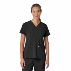 The Carhartt Women's Flex Panel V-Neck Scrub Top, constructed from durable, comfortable polyester material with Carhartt's signature Rugged Flex™ stretch technology. This scrub top ensures unrestricted movement, no matter the task. The rib-knit inserts at the shoulders and sleeves, along with the racerback detail, provide the freedom to move with ease, making your job more manageable. Not only do these scrubs keep you comfortable, but they also enhance your productivity. Part of the Force Cross- Women’s Carhartt, Carhartt Scrubs Woman Black, Womens Long Sleeve Carhartt, Black Carhartt Sweatshirt, Carhartt Pocket Tee, Carhartt Womens, Hard Working Man, Dobby Fabric, Scrub Tops