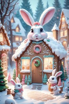 a christmas scene with rabbits and a gingerbread house