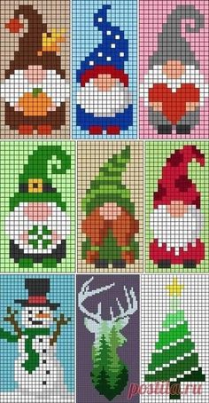 cross stitch pattern for christmas with snowmen, hats and deer antlers on them