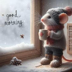 a little mouse holding a coffee cup in front of a window with the words good morning written on it