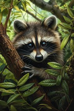 a painting of a raccoon in a tree looking out from behind the branches