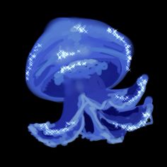 a blue jellyfish floating in the water with lights on it's back legs