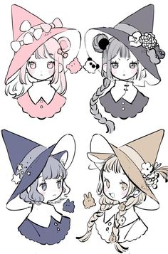 four cartoon girls with hats on their heads