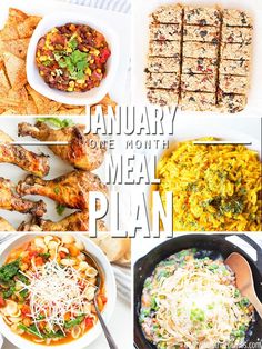 a collage of pictures with different food items and the words, january one month meal plan