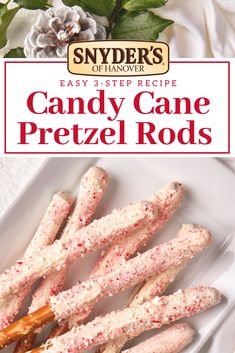 candy cane pretzel rods on a white plate with flowers in the background and text overlay