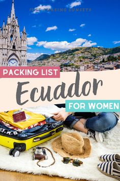 a woman packing her luggage on top of a rug with the words packing list for women